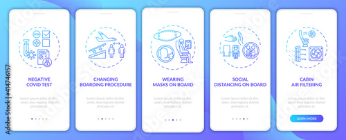 Lockdown travel rules onboarding mobile app page screen with concepts. Social distancing. Cabin air filter walkthrough 5 steps graphic instructions. UI vector template with RGB color illustrations