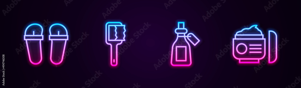 Set line Flip flops, Sauna brush, Essential oil bottle and Cream or lotion cosmetic tube. Glowing neon icon. Vector. Set line Flip flops, Sauna brush, Essential oil bottle and Cream or lotion cosmetic tube. Glowing neon icon. Vector.