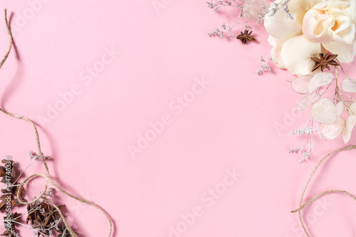 preparation for a future postcard. Pink flowers on a pink background with space for text