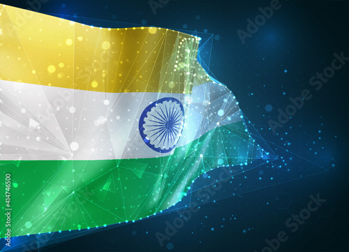 India, vector flag, virtual abstract 3D object from triangular polygons on a blue background
