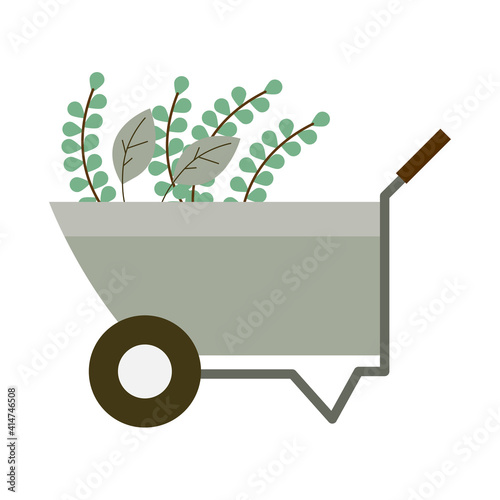 gardening wheelbarrow plants foliage icon on white background