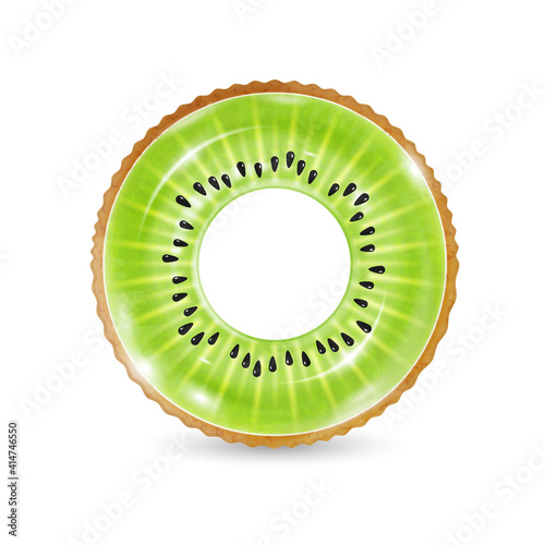 Inflatable ring looking like kiwi isolated on white background. Realistic colorful rubber swimming buoy. Vector illustration of top view at pool floater in fruit shape, beach toy
