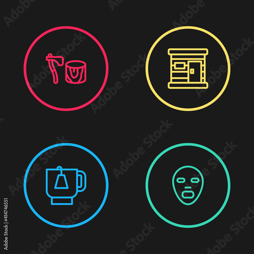 Set line Cup of tea with tea bag, Facial cosmetic mask, Sauna wooden bathhouse and Wooden axe in stump icon. Vector.