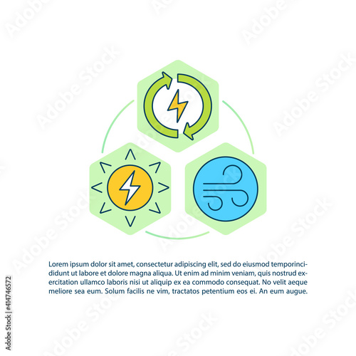 Renewable energy concept icon with text. Clean energy. Enironmental resposibility. Global warming. PPT page vector template. Brochure, magazine, booklet design element with linear illustrations