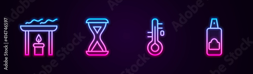 Set line Aroma candle, Sauna hourglass, thermometer and Spray for hairspray. Glowing neon icon. Vector.