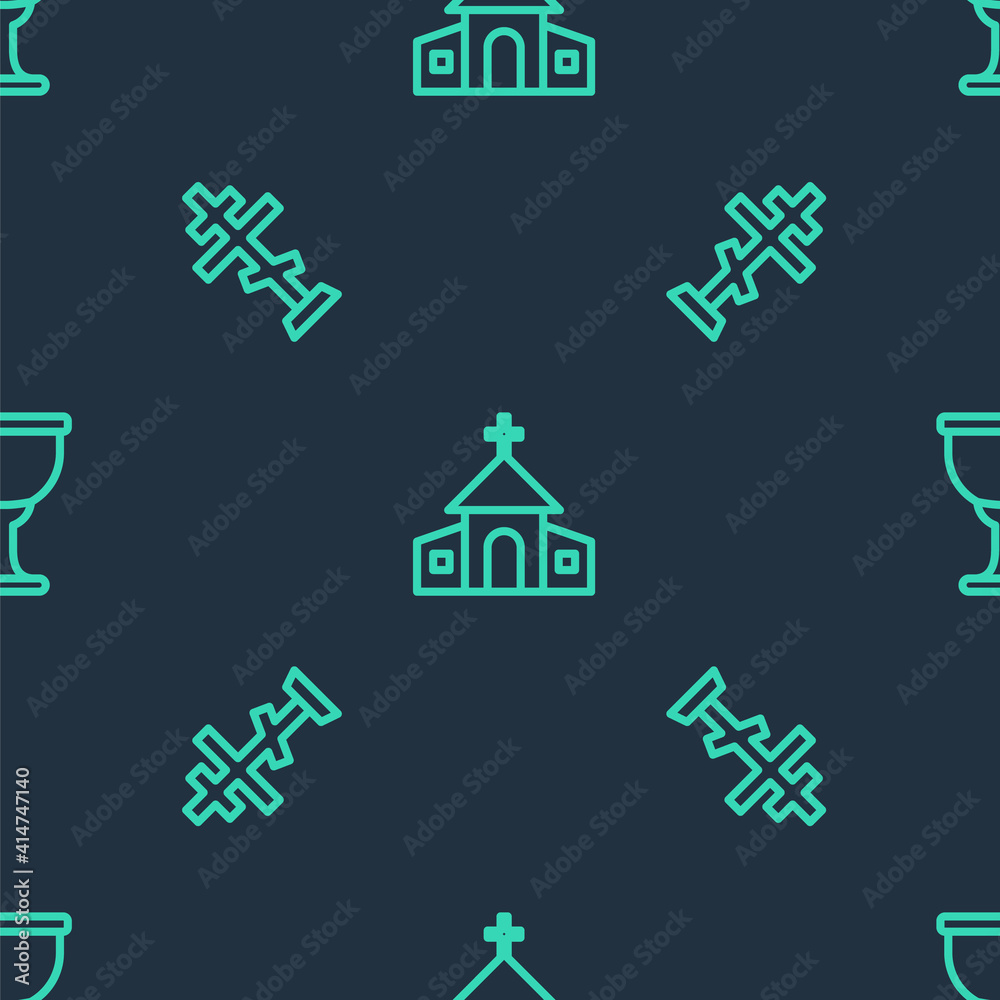 Set line Church building, Christian cross and Holy grail or chalice on seamless pattern. Vector.