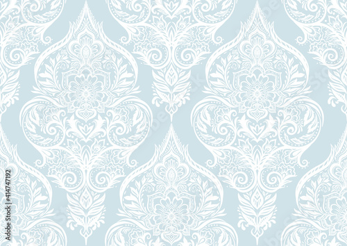 Tradition floral seamless pattern, damask vintage ornament. Royal victorian flourish wallpapper, luxury textile. Vector illustration. In blue and white colors.