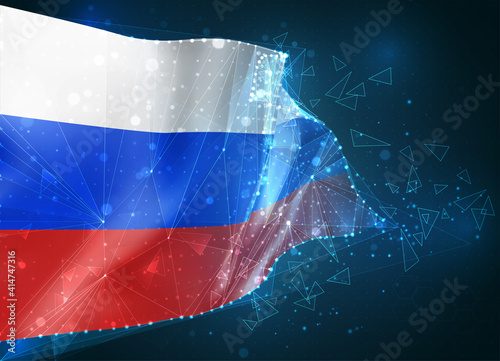 Russia  vector flag  virtual abstract 3D object from triangular polygons on a blue background