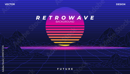 Background Landscape 80s Styled. Synthwave, retrowave, cyber neon with copy space.