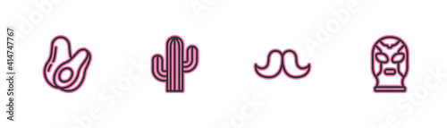 Set line Avocado fruit, Mustache, Cactus and Mexican wrestler icon. Vector.