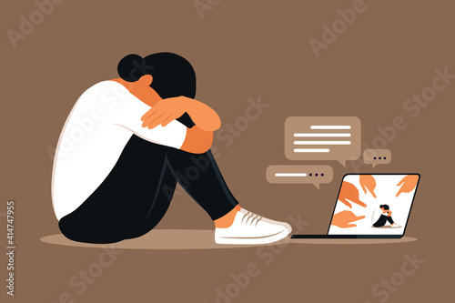 Cyber bullying. Depressed woman sitting on the floor. Opinion and the pressure of society. Shame. Vector flat