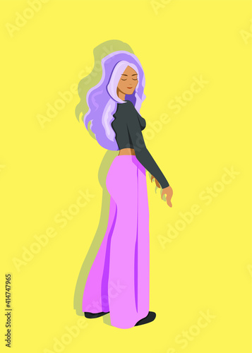 A girl with lilac hair in wide pink pants and a turtleneck on a yellow background