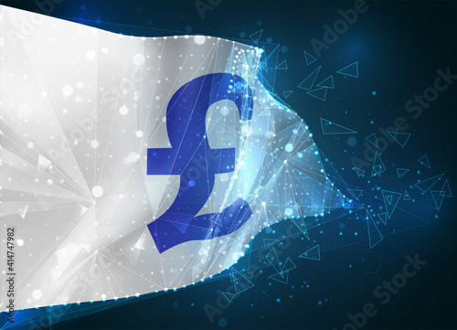 currency pounds, vector flag, virtual abstract 3D object from triangular polygons on a blue background photo