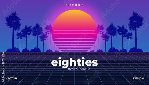 Background Palm tree Landscape 80s Styled. Synthwave, retrowave, cyber neon with copy space.
