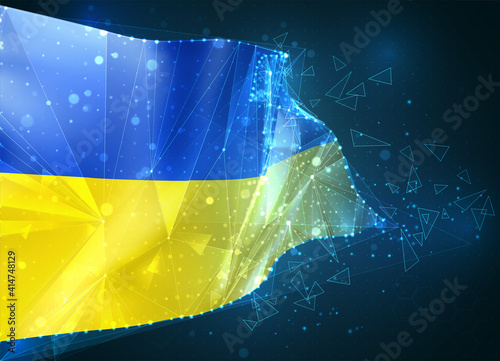 Ukraine, vector flag, virtual abstract 3D object from triangular polygons on a blue background