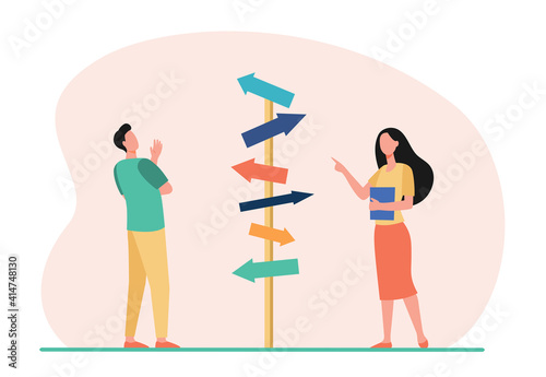 Pensive man and woman choosing direction. Arrow, path, business flat vector illustration. Decision and strategy concept for banner, website design or landing web page