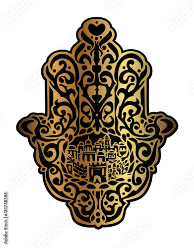 Hand drawn  traditional Jewish sacred amulet and religious symbols  Hamsa or hand of Miriam.
