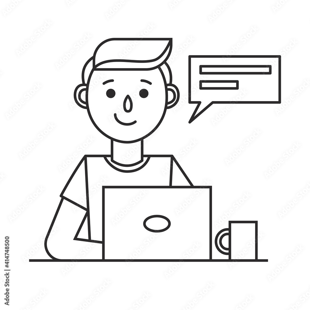 Smiling man with laptop. Design concept or icon of social networking. Outline vector line art illustration on white background. Smiling man with laptop. Design concept or icon of social networking. Outline vector line art illustration on white background.