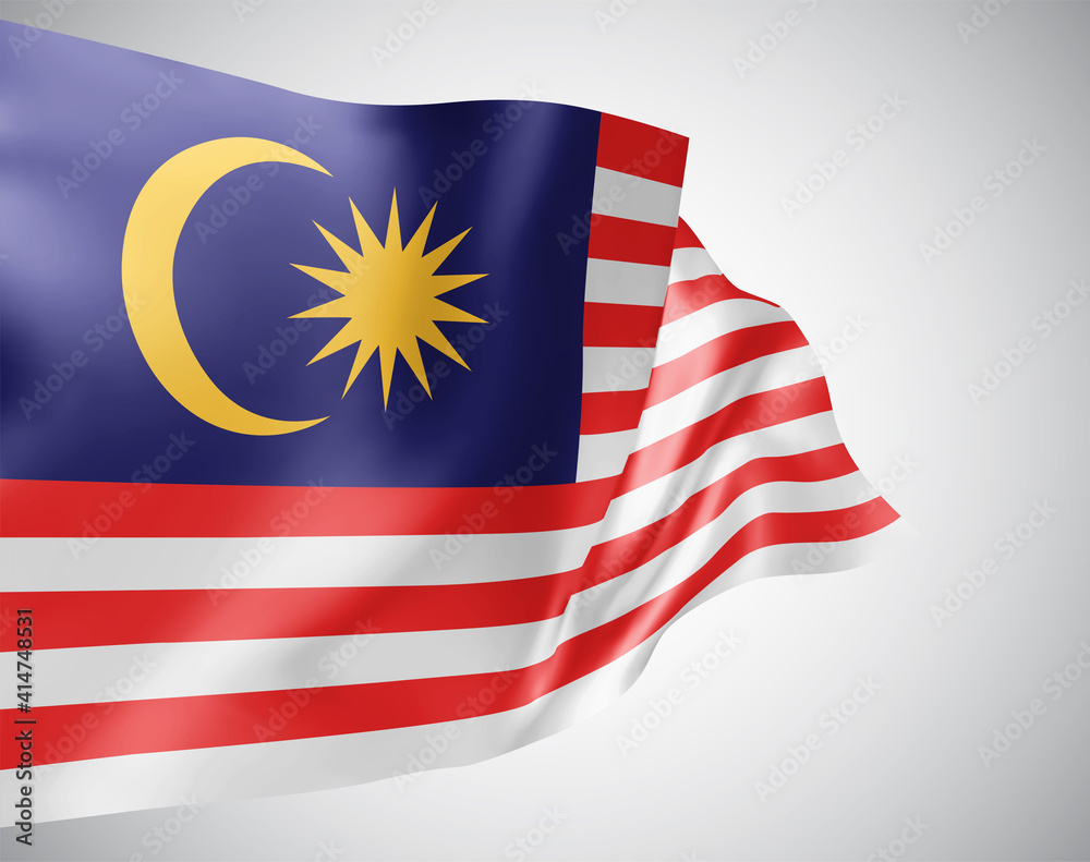Malaysia, vector flag with waves and bends waving in the wind on a white background. Malaysia, vector flag with waves and bends waving in the wind on a white background.