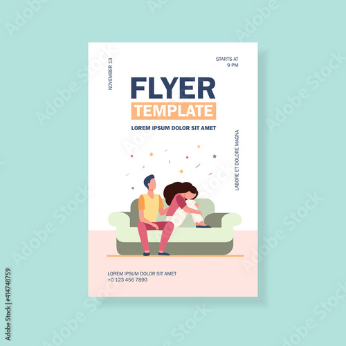 Boyfriend holding shoulder and consoling sad woman. Sofa, family, support flat vector illustration. Depression and melancholy concept for banner, website design or landing web page