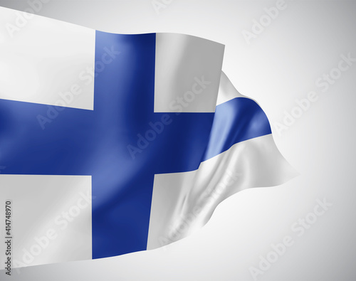 Finland, vector flag with waves and bends waving in the wind on a white background.