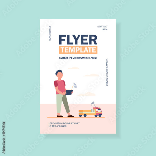 Boy playing with radio controlled toy. Truck, car, remote control flat vector illustration. Childhood, activity, fun concept for banner, website design or landing web page