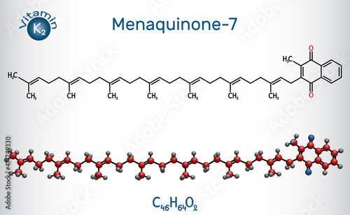Menachinon-7, MK-7 molecule. It is vitamin K2, menaquinone. Structural chemical formula and molecule model