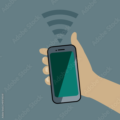 Flat hand holding smartphone with wifi or wireless connection symbol. Vector illustration.