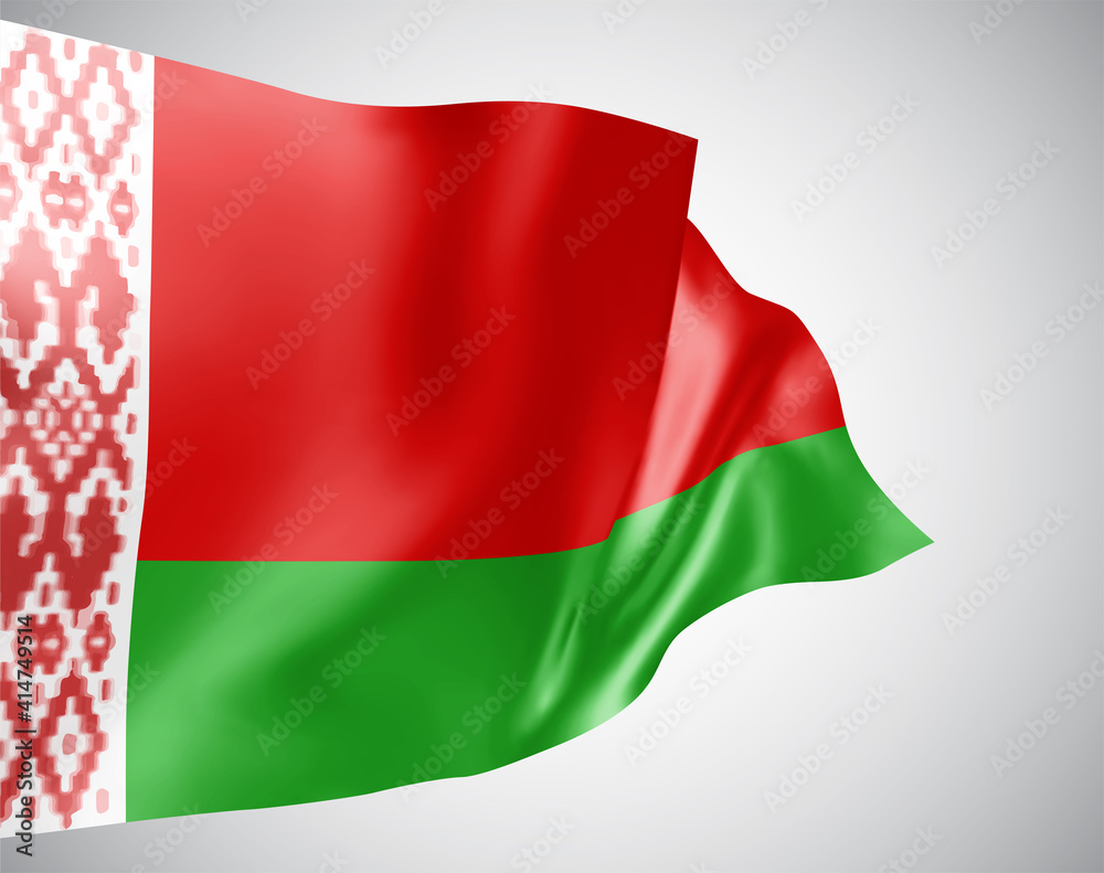 Fototapeta premium Belarus, vector flag with waves and bends waving in the wind on a white background.