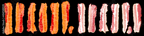 Set of bacon slices. Raw and cooked bacon. Vector Illustration