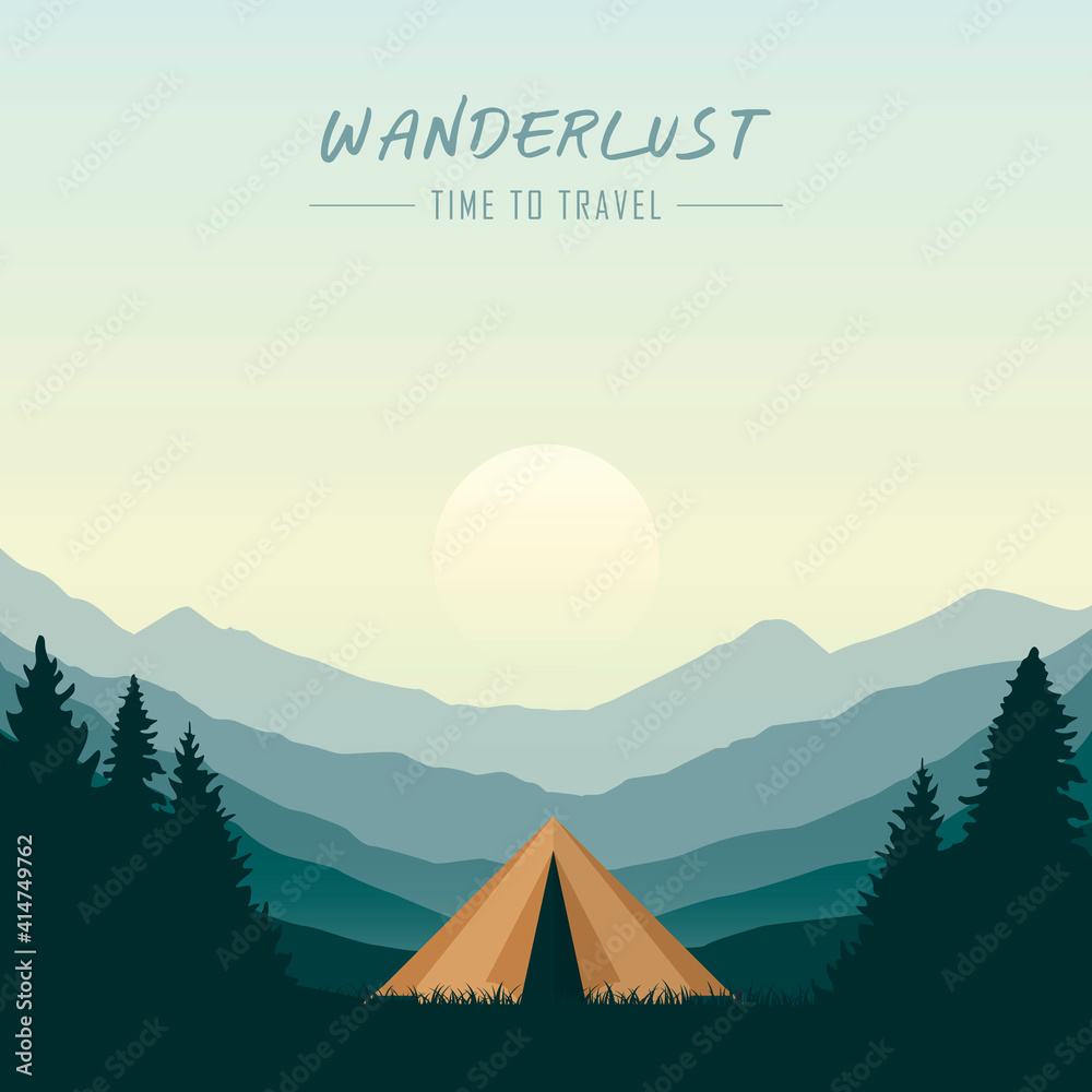 wanderlust camping adventure in the wilderness tent in the forest at mountain landscape vector illustration EPS10