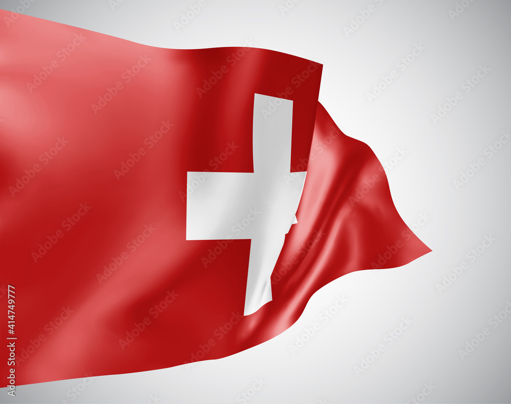 Switzerland, vector flag with waves and bends waving in the wind on a white background. Switzerland, vector flag with waves and bends waving in the wind on a white background.