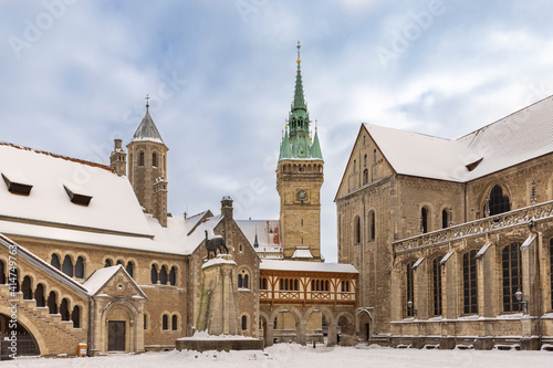 Rare snow blizzard has covered Braunschweig old town buildings with snow.