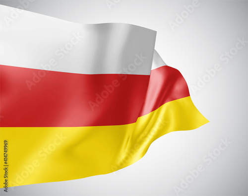 South Ossetia  vector flag with waves and bends waving in the wind on a white background.