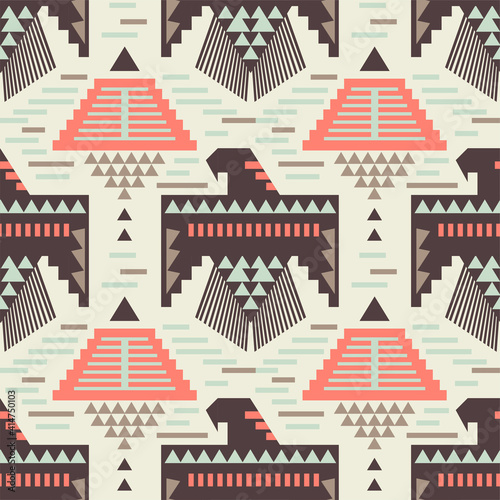 Native American eagle bird seamless pattern. Aztec Navajo tribe Indian art. Peru geometric vector background. Mexico motif.