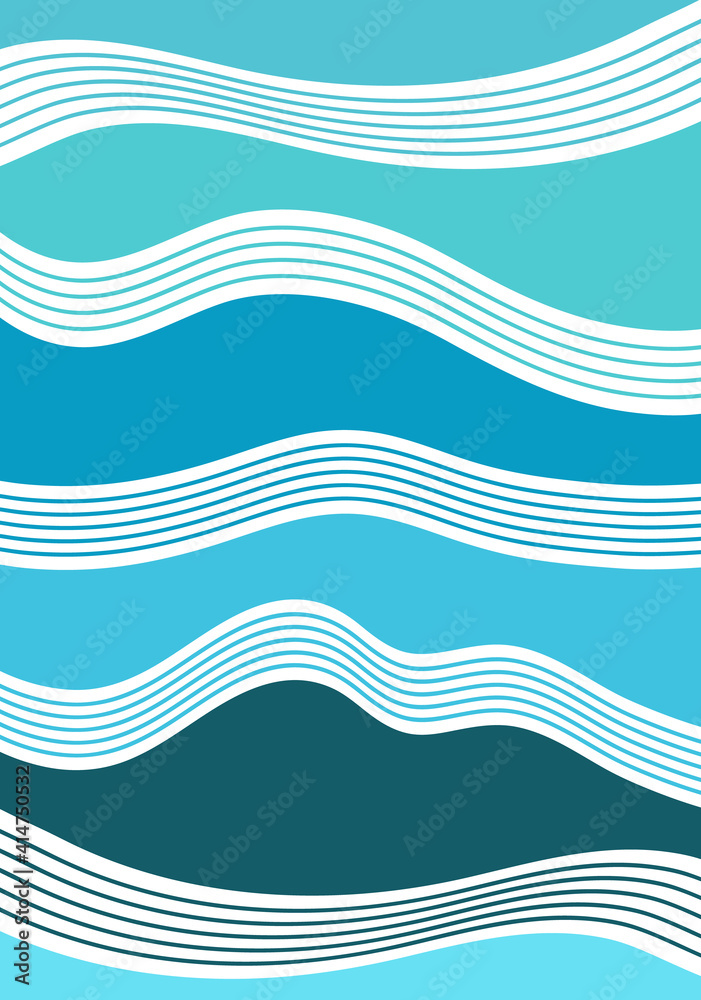 Abstract blue background with vector image of sea waves, ocean, river or water. Marine design theme. A pattern of smooth wavy lines with a blue gradient. Illustration for wallpaper and print on fabric