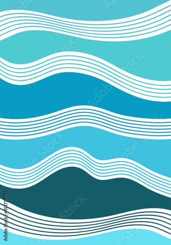 Abstract blue background with vector image of sea waves, ocean, river or water. Marine design theme. A pattern of smooth wavy lines with a blue gradient. Illustration for wallpaper and print on fabric