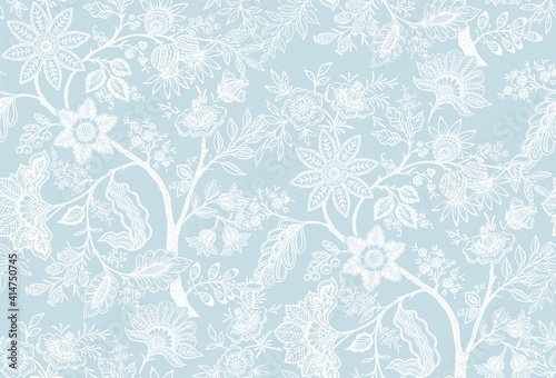Fantasy flowers in retro, vintage, jacobean embroidery style. Seamless pattern, background. Vector illustration. On army green background.