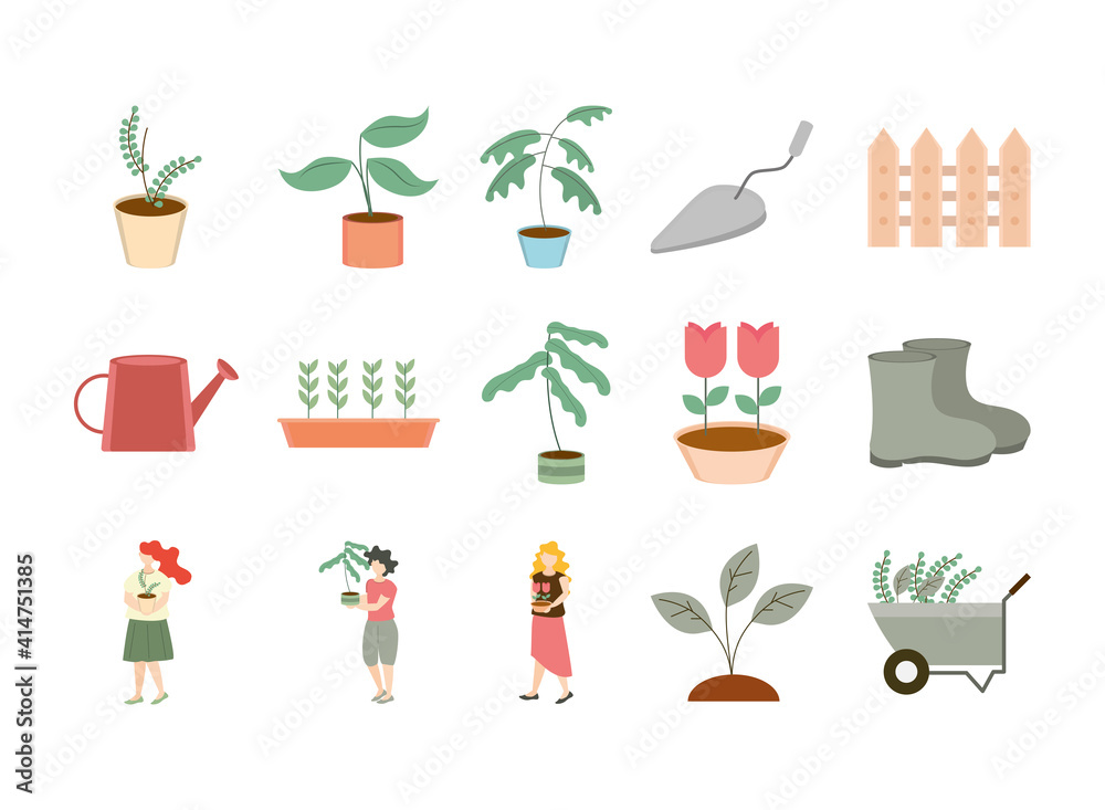 set gardening, icon with woman plants wheelbarrow watering can flowers boots