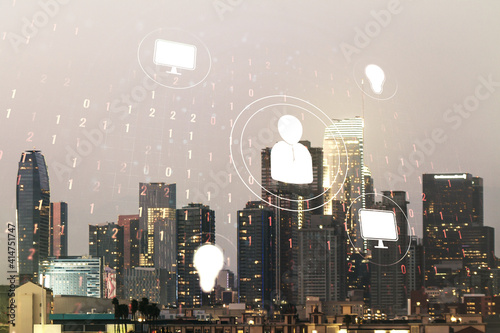 Abstract virtual social network concept on Los Angeles skyline background. Multiexposure