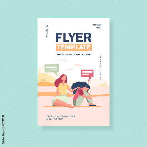 Friend talking and consoling sad woman. Nature, speech bubble, support flat vector illustration. Depression and melancholy concept for banner, website design or landing web page
