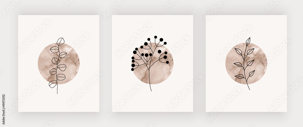 Obraz premium Boho wall art prints with circle alcohol ink shapes and black leaves.