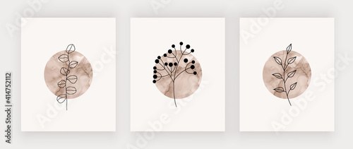 Boho wall art prints with circle alcohol ink shapes and black leaves. 