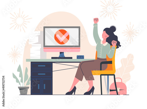 Woman completed task and triumphing with raised hand in office. Successful well done work. Completed task. Flat cartoon vector illustration