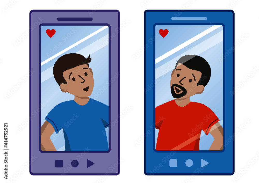 Pareja gay de hombres con celular, app, dia de los enamorados, san valentín.