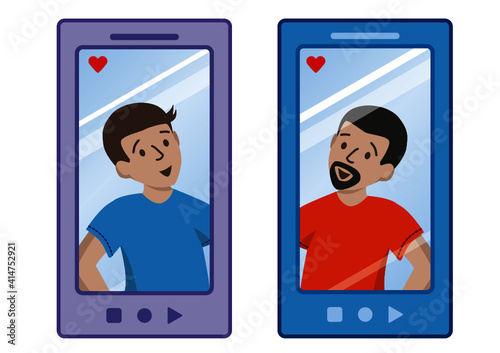 Pareja gay de hombres con celular, app, dia de los enamorados, san valentín.