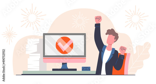 Completed task concept. Young male manager completed task and triumphing with raised hand. Successful well done work. Flat cartoon vector illustration