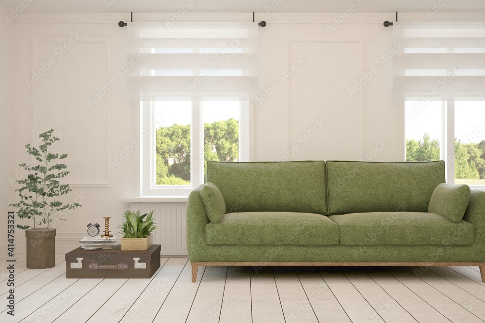 Fototapeta premium White living room with sofa and summer landscape in window. Scandinavian interior design. 3D illustration