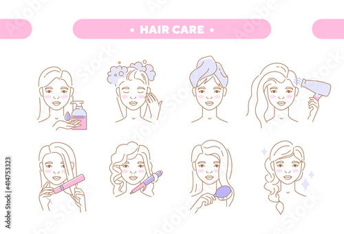 Pterry young girl taking care of her hair and making hairstyle. Woman washing, drying hair with hairdryer, straitening with iron and braiding pigtail. Set of flat cartoon outline vector illustrations photo