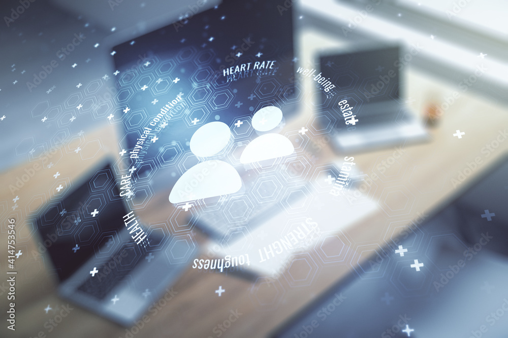 Creative concept of people icons and modern desktop with computer on background. Life and health insurance concept. Multiexposure Creative concept of people icons and modern desktop with computer on background. Life and health insurance concept. Multiexposure